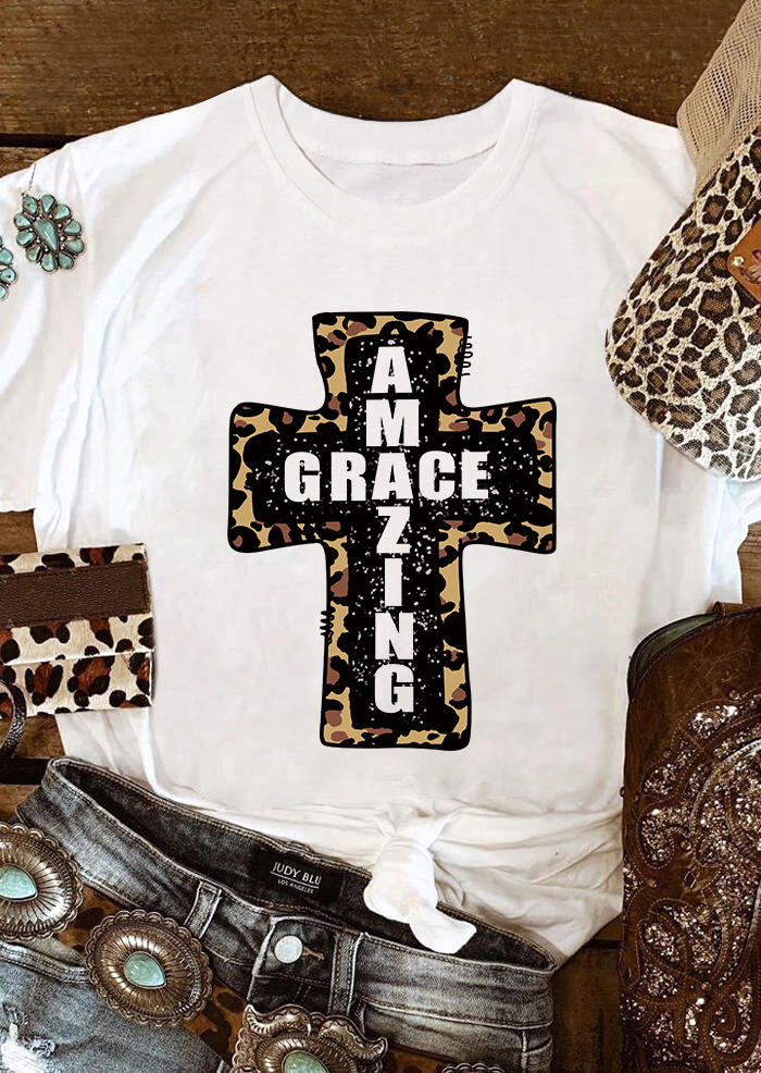 

Amazing Grace Leopard Cross T-Shirt Tee - White, 494898