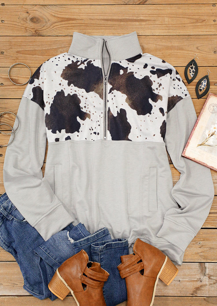 Cow Pocket Long Sleeve Zipper Collar Pullover Sweatshirt - Gray