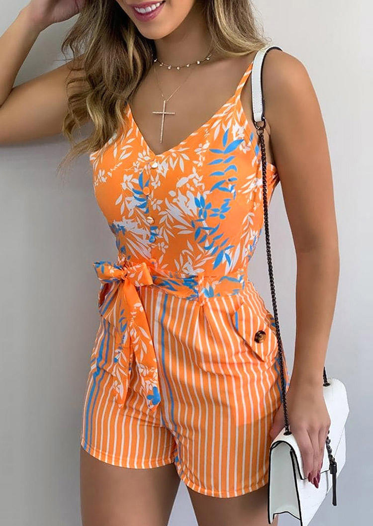 

Leaf Pocket Tie Spaghetti Strap Romper with Belt - Orange, 494853