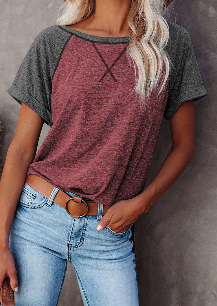 

Color Block O-Neck Casual T-Shirt Tee - Burgundy, 494876