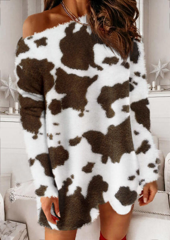 

Cow Warm Plush Long Sleeve Mini Dress - Brown, 494878