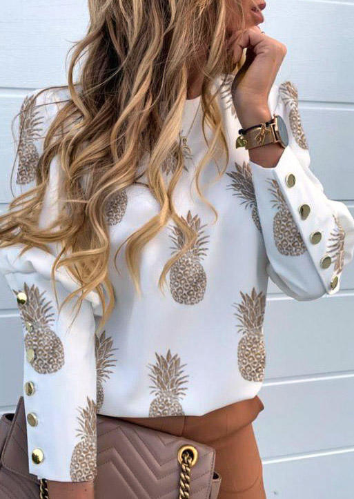 

Pineapple Button Ruffled Long Sleeve Casual Blouse - White, 494935