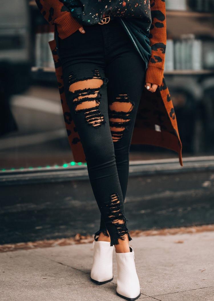

Ripped Hole Pocket Stretchy Mid Waist Denim Jeans - Black, 494957