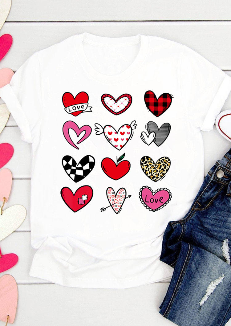 

Leopard Plaid Love Heart T-Shirt Tee - White, 491017