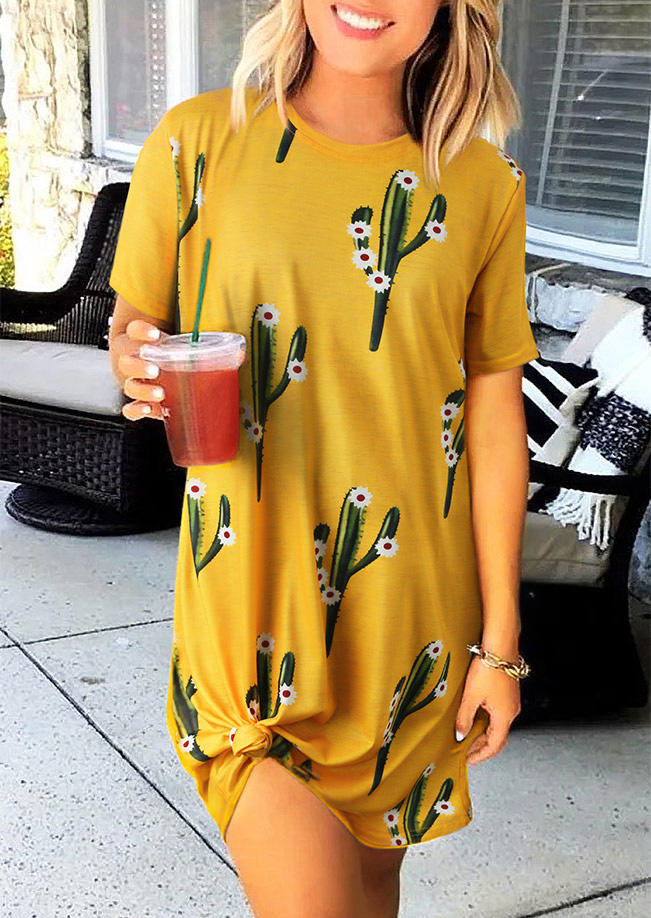 

Western Cactus Floral O-Neck Mini Dress - Yellow, 494979