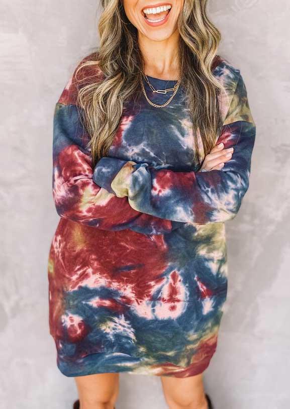 

Tie Dye Long Sleeve O-Neck Mini Dress, Multicolor, 495003