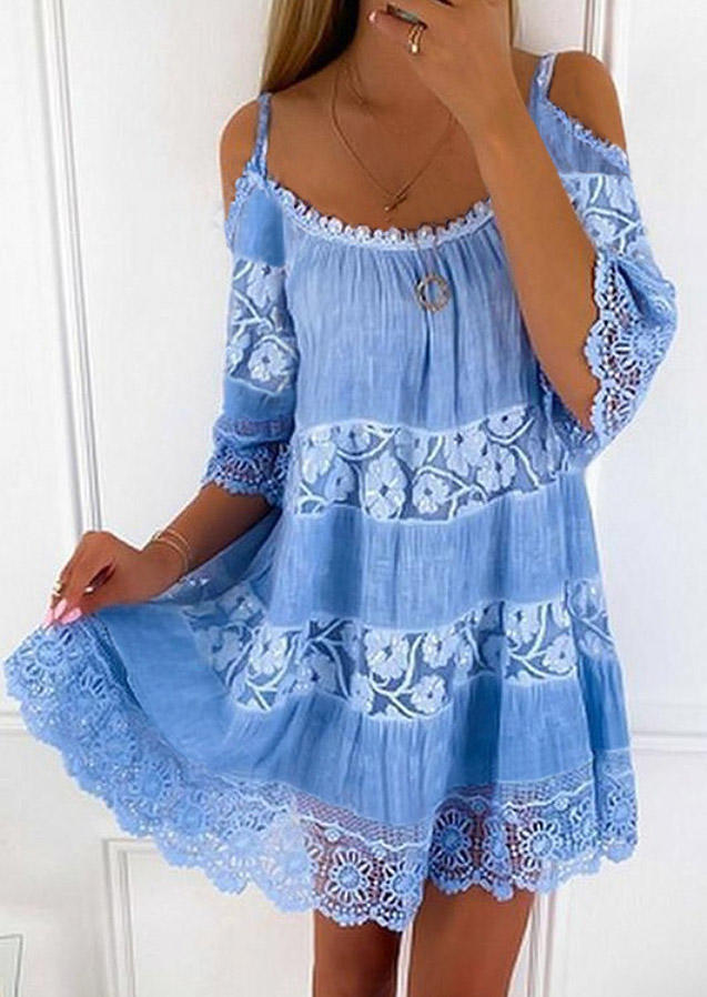 

Lace Floral Splicing Ruffled Cold Shoulder Mini Dress - Blue, 495010