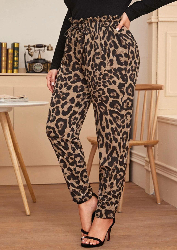 

Plus Size Leopard Drawstring Elastic Waist Pants, 495023