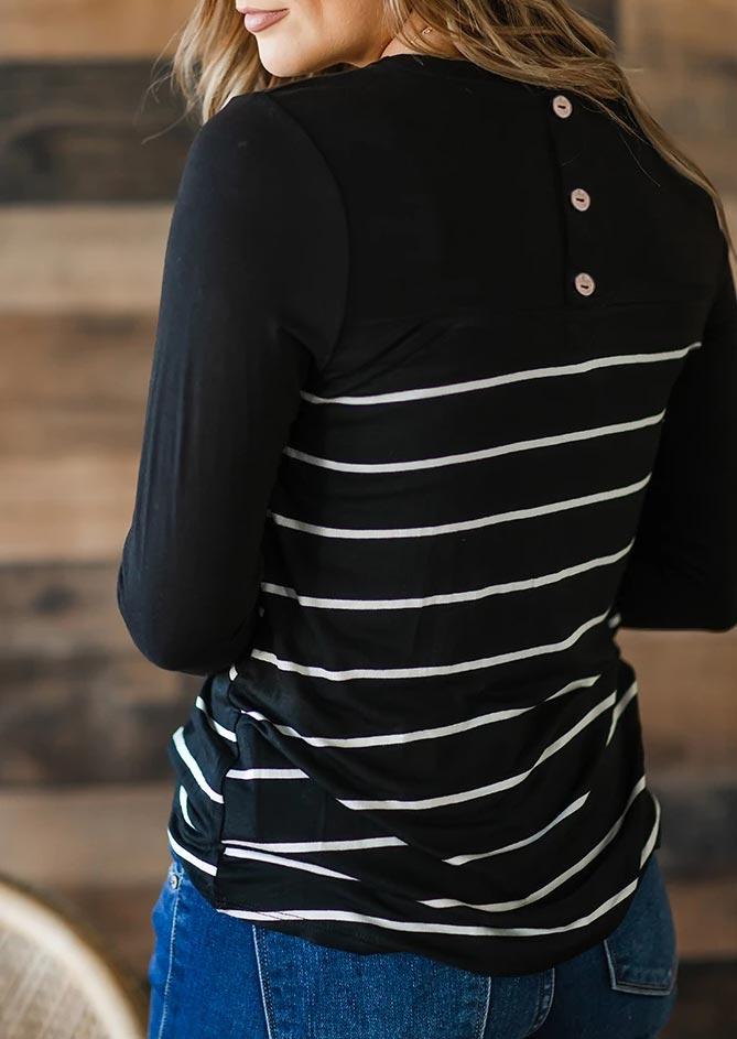 

Striped Splicing Button Long Sleeve Blouse - Black, 495028