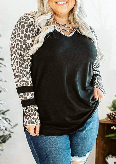 

Plus Size Leopard Splicing Criss-Cross Raglan Sleeve Blouse - Black, 495056