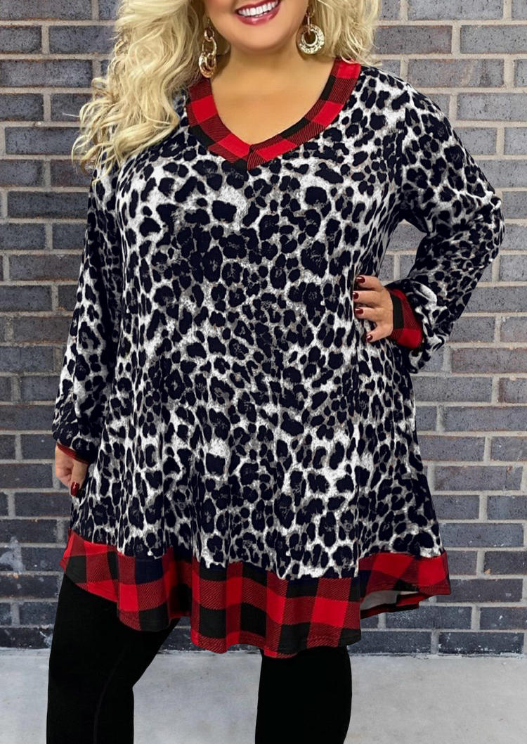 

Plus Size Leopard Plaid Splicing Mini Dress, 495069