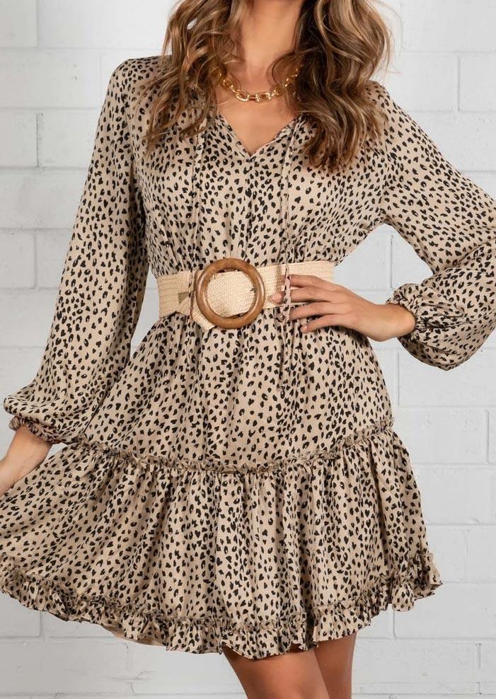 

Leopard Ruffled Elastic Cuff V-Neck Mini Dress without Belt - Khaki, 491593