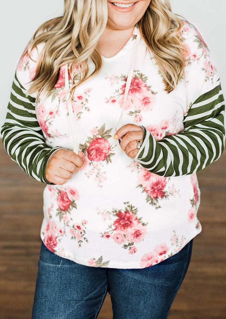 

Plus Size Floral Striped Splicing Drawstring Hoodie - White, 495081