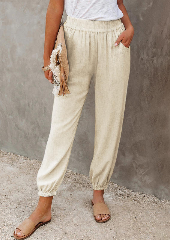 

Pocket Elastic Waist Loose Casual Pants - Beige, 495132