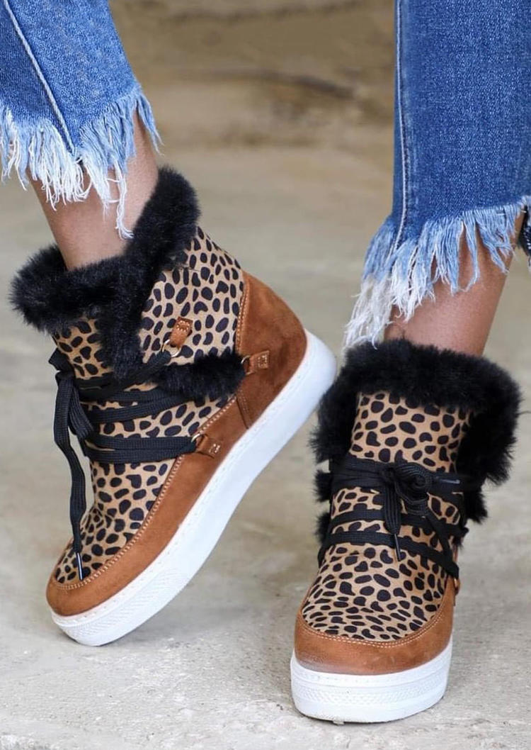 

Leopard Lace Up Round Toe Platform Warm Plush Sneakers, 495174