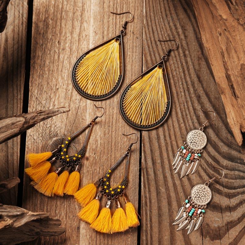 

3 Pairs Bohemian Tassel Beading Feather Hollow Out Earrings, Yellow, 495054