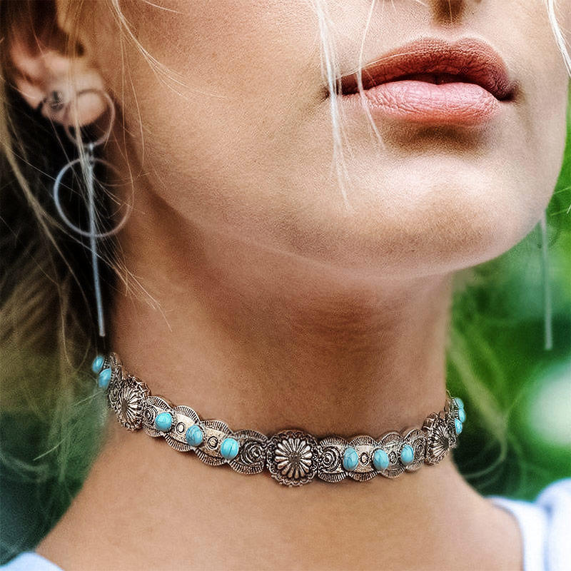 

Vintage Turquoise Floral Alloy Necklace, Silver, 495129
