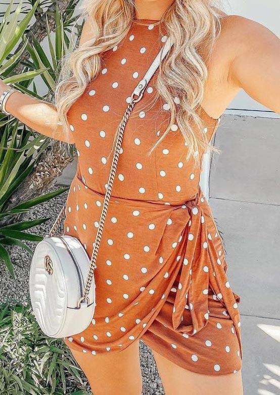 

Polka Dot Ruffled Tie Halter Bodycon Dress - Orange, 495137