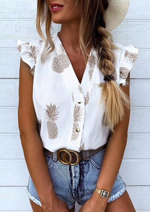 

Pineapple Ruffled Button Cap Sleeve V-Neck Blouse - White, 495146