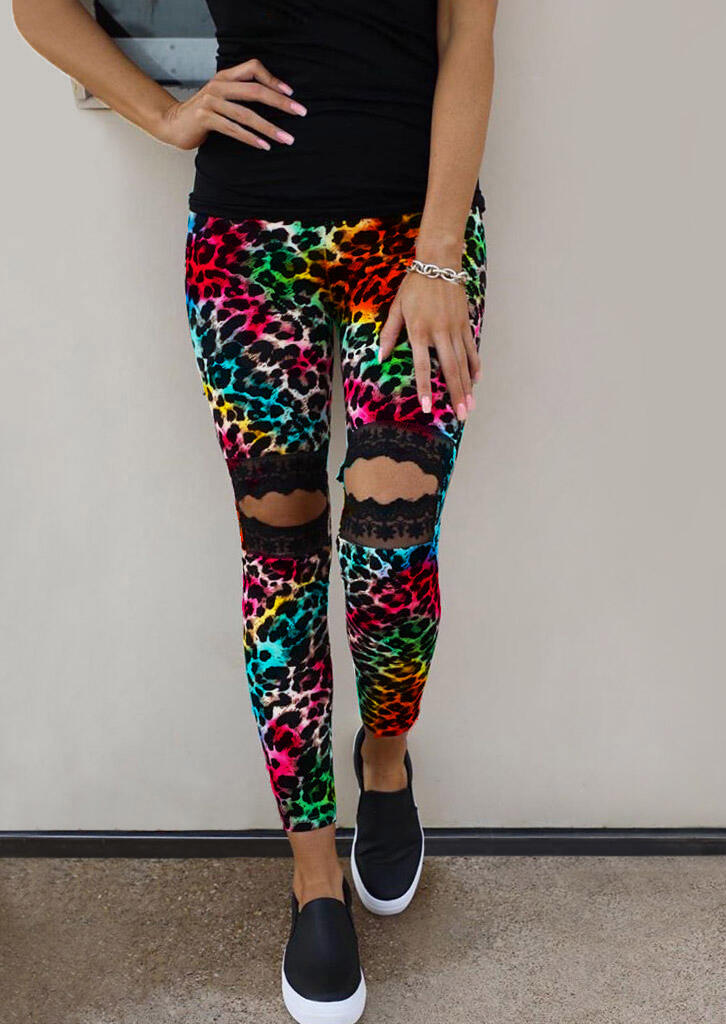 

Tie Dye Leopard Lace Splicing Hollow Out Slim Pants, Multicolor, 495168