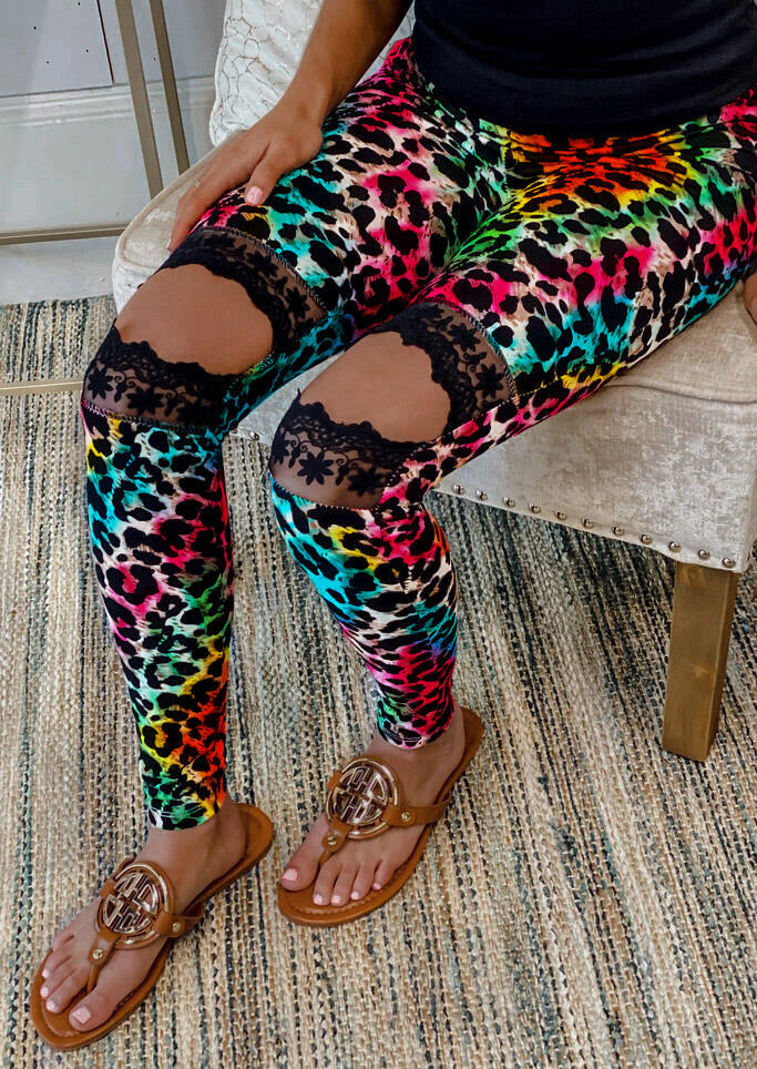Tie Dye Leopard Lace Splicing Hollow Out Slim Pants