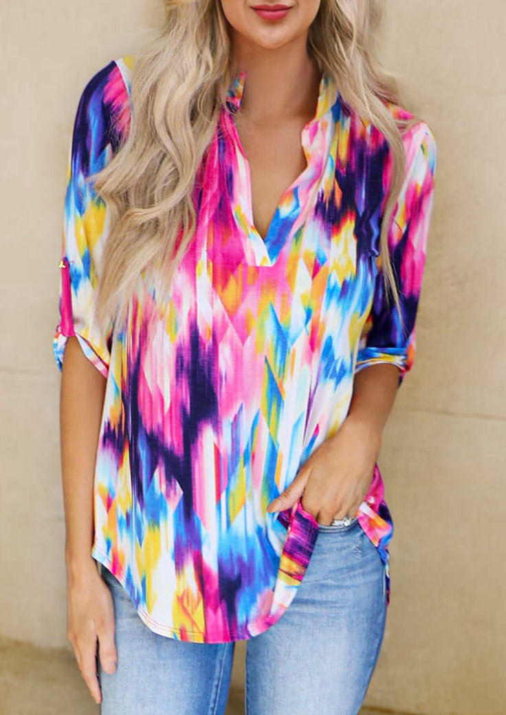 

Tie Dye Button Tab-Sleeve V-Neck Blouse, Multicolor, 495183