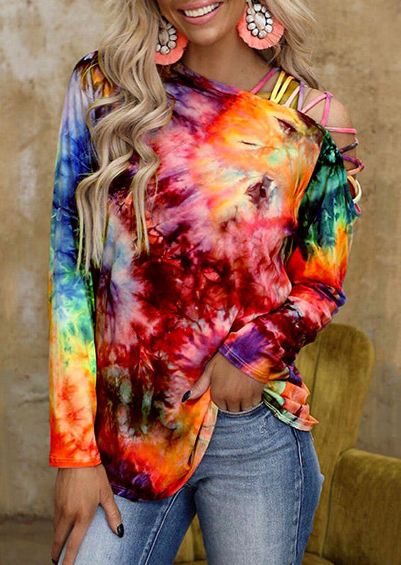 

Tie Dye Criss-Cross Slash Neck Long Sleeve Blouse, Multicolor, 495245