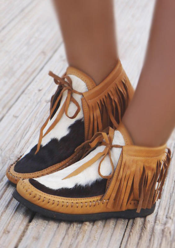 

Cow Tassel Tie Slip On Round Toe Flat Ankle Boots - Brown, 494692