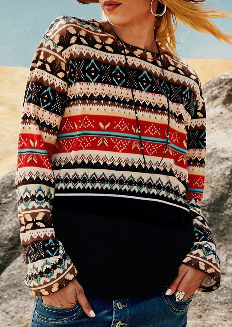

Vintage Ethnic Style O-Neck Long Sleeve Blouse, Multicolor, 495256