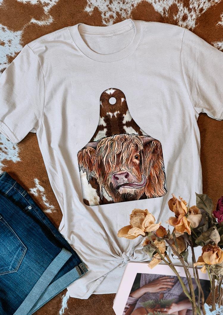 

Highland Cow Tag O-Neck T-Shirt Tee - White, 495271
