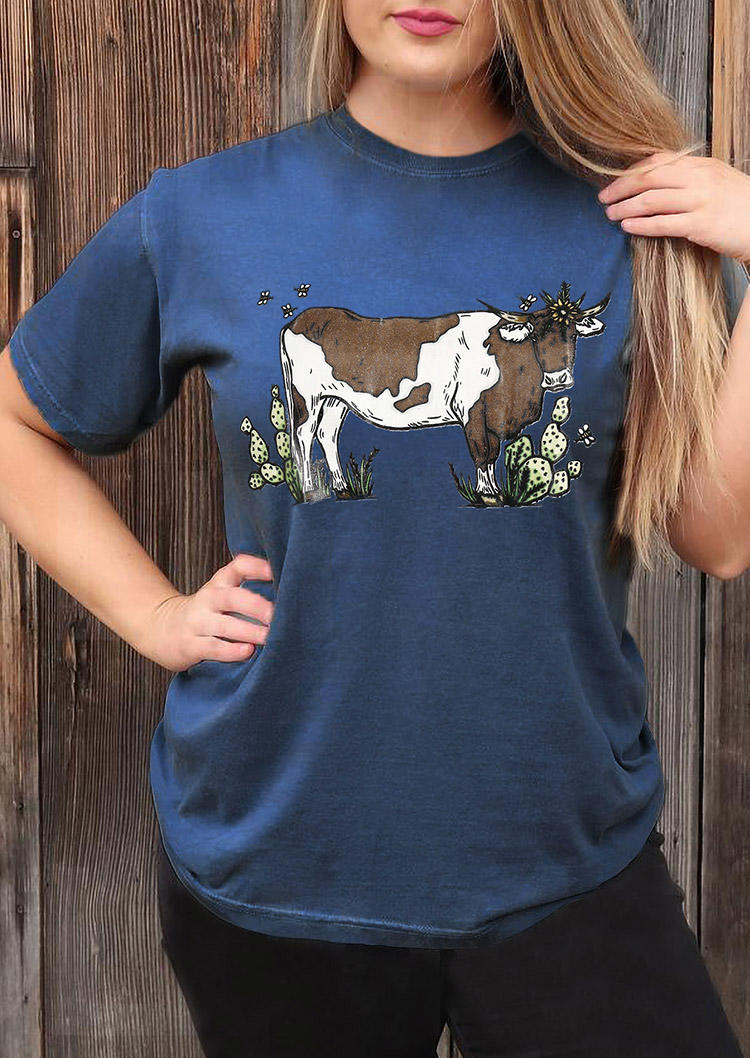 Highland Cow Cactus O-Neck T-Shirt Tee - Blue