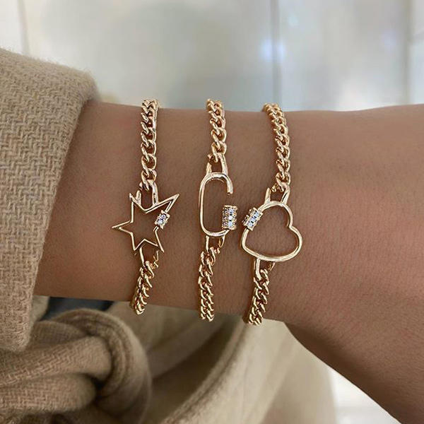 

3Pcs Vintage Hollow Out Star Heart Rhinestone Bracelet Set - Gold, 495379