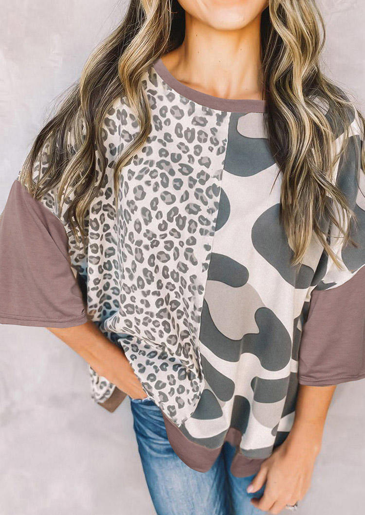 

Leopard Splicing Drop Shoulder Loose Blouse - Khaki, 494044