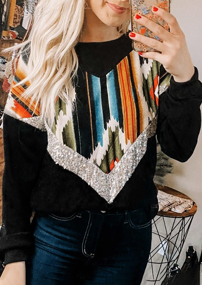 

Sequined Aztec Geometric Splicing Western Blouse - Black, 494855