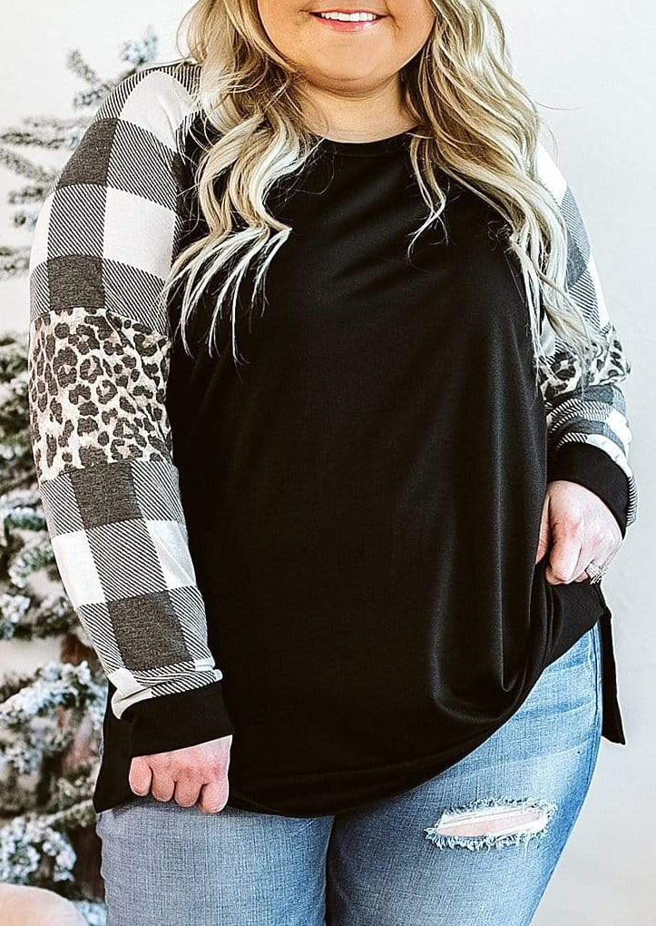 

Plus Size Leopard Plaid Splicing Long Sleeve Blouse, 495274