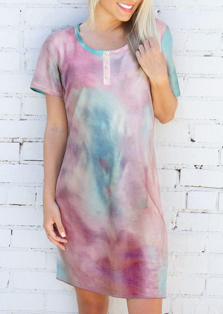 

Tie Dye Button O-Neck Mini Dress, Multicolor, 495292