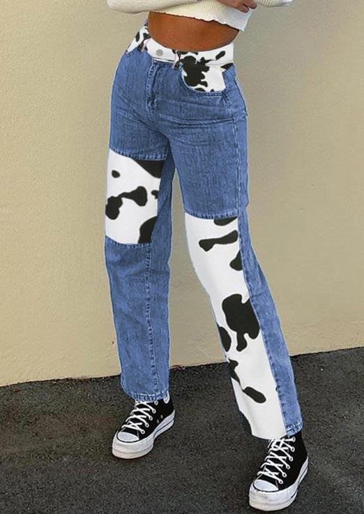 

Western Cow Splicing Pocket Button Denim Jeans - Blue, 495350