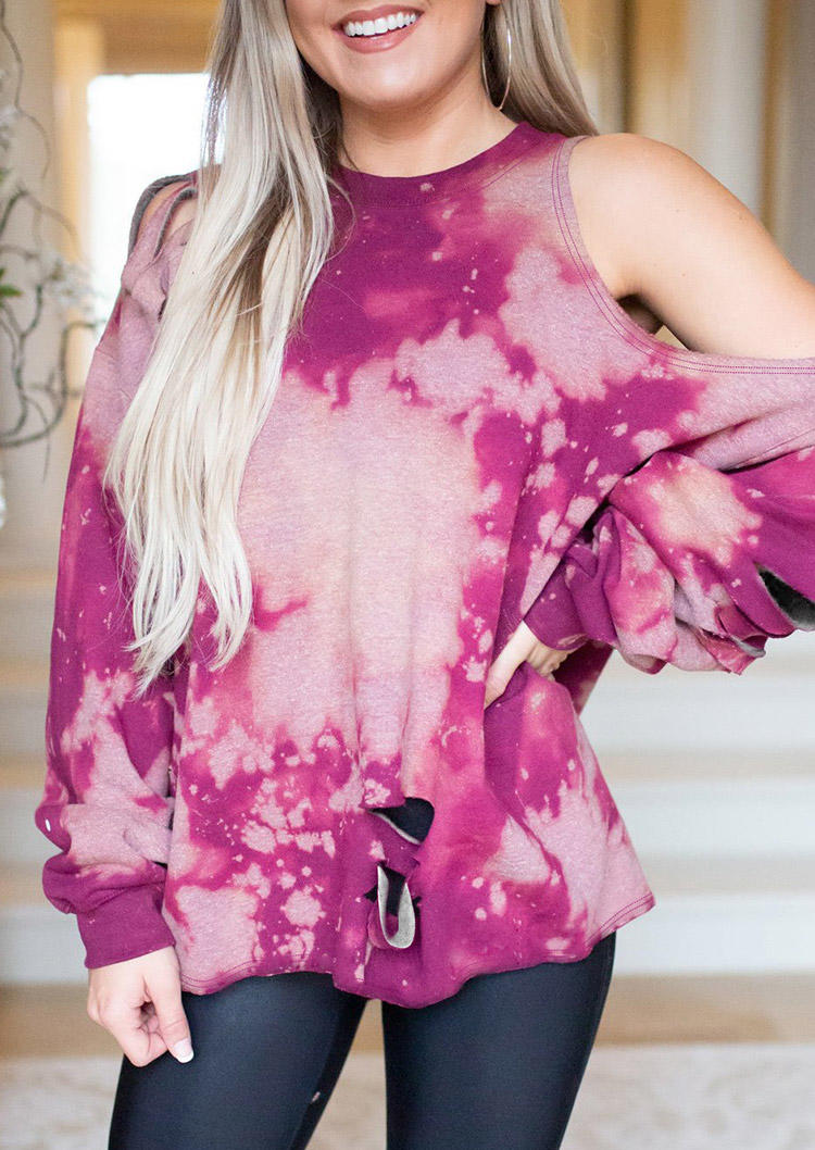 

Tie Dye Hollow Out One Sided Cold Shoulder Blouse - Plum, 495355
