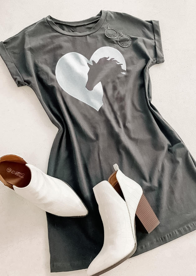 

Love Heart Horse Short Sleeve O-Neck Mini Dress - Gray, 495356