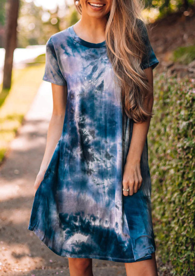 

Tie Dye O-Neck Loose Mini Dress - Blue, 495406