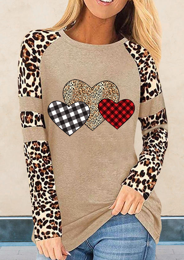 

Leopard Plaid Love Heart Long Sleeve Blouse - Khaki, 495464