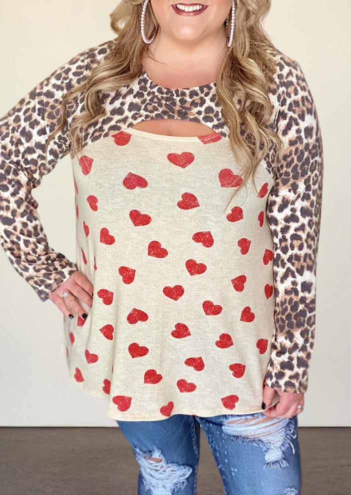 

Plus Size Valentine Leopard Love Heart Hollow Out Blouse, 495590