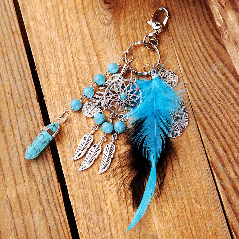 

Hollow Out Dreamcatcher Feather Beading Keychain - Blue, 495429