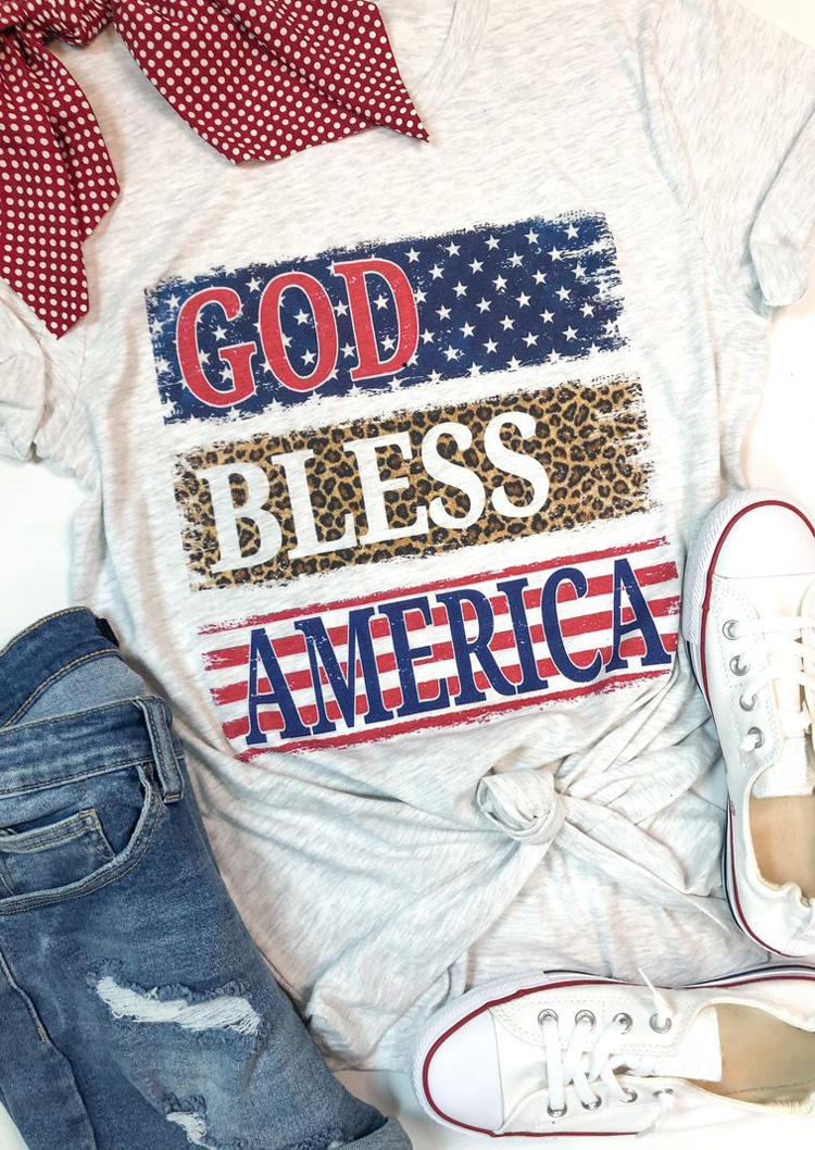 

God Bless America Leopard T-Shirt Tee - Light Grey, 495459