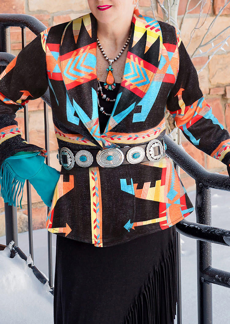 

Colorful Geometric Western Flounce Wrap Cardigan Coat without Belt, Multicolor, 495485