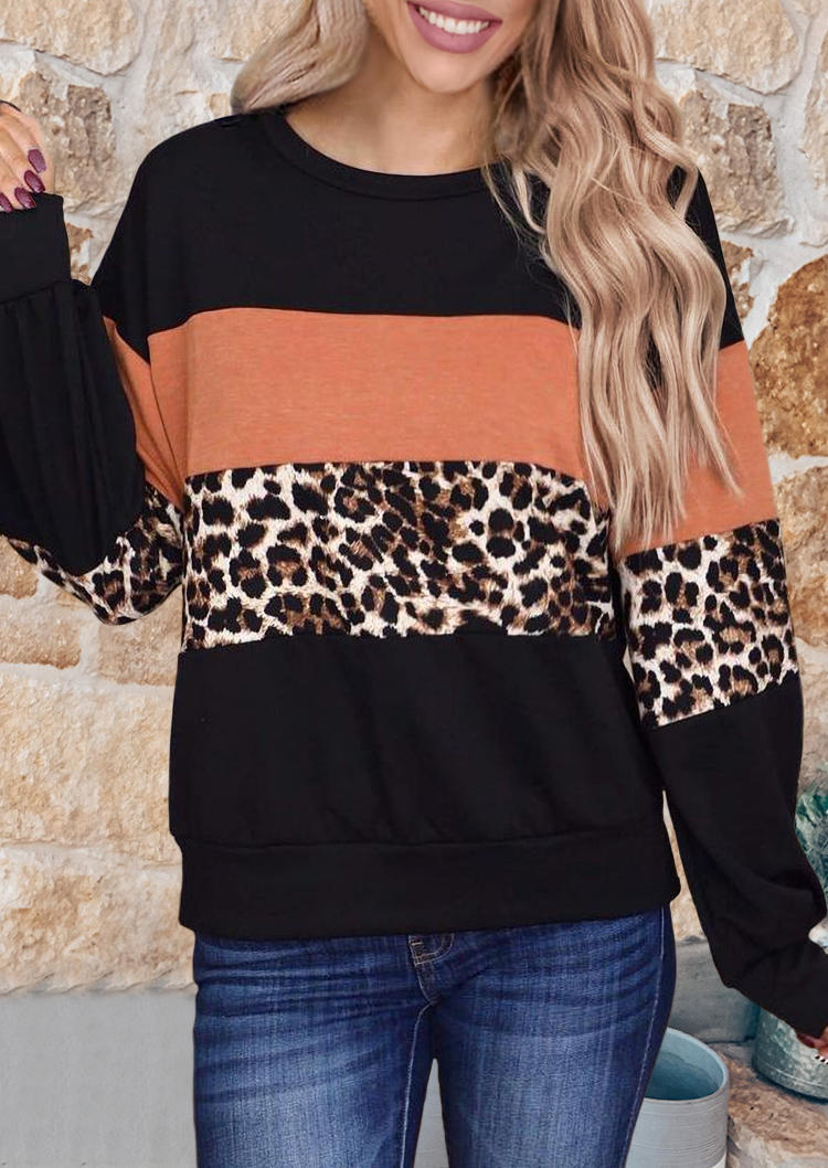 

Color Block Leopard O-Neck Pullover Sweatshirt, Multicolor, 490330
