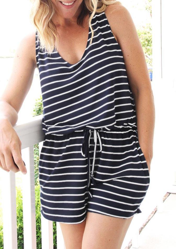 

Striped Drawstring Elastic Waist Pocket Twist Romper, Stripe, 495471