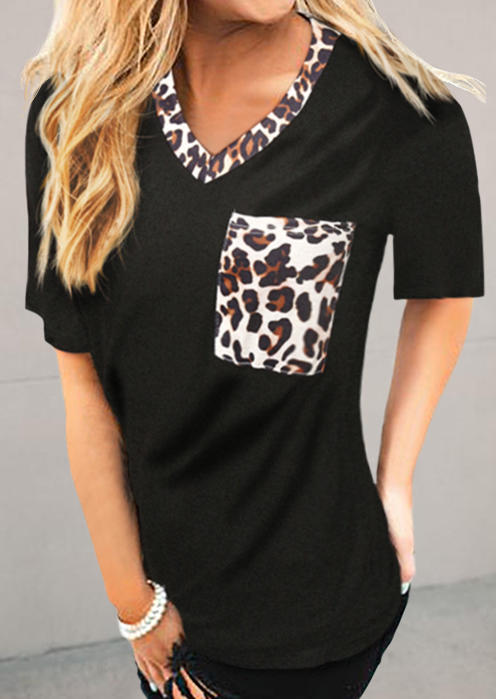 

Leopard Splicing Pocket V-Neck T-Shirt Tee - Black, 495575