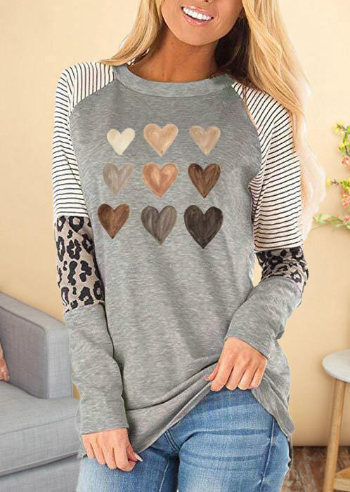 

Be Kind Heart Leopard Striped Splicing Casual Blouse - Gray, 495799