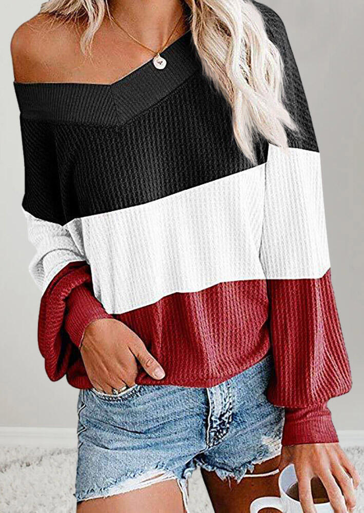 

Color Block Long Sleeve V-Neck Blouse, Multicolor, 487068